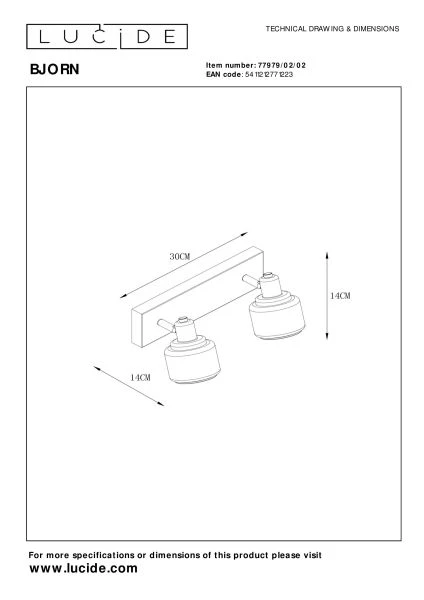 Lucide BJORN - Plafondspot - 2xE14 - Mat Goud / Messing - technisch